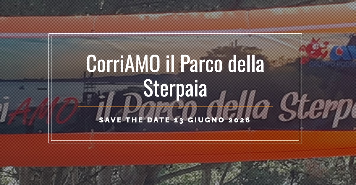 Grafica promozionale personalizzata per l'evento "CorriAMO il Parco della Sterpaia". Su uno sfondo con pineta e mare stilizzati, un box bianco contiene il testo: "CorriAMO il Parco della Sterpaia" e sotto "SAVE THE DATE 13 GIUGNO 2026". In alto a destra i loghi UISP e Gruppo Podisti.