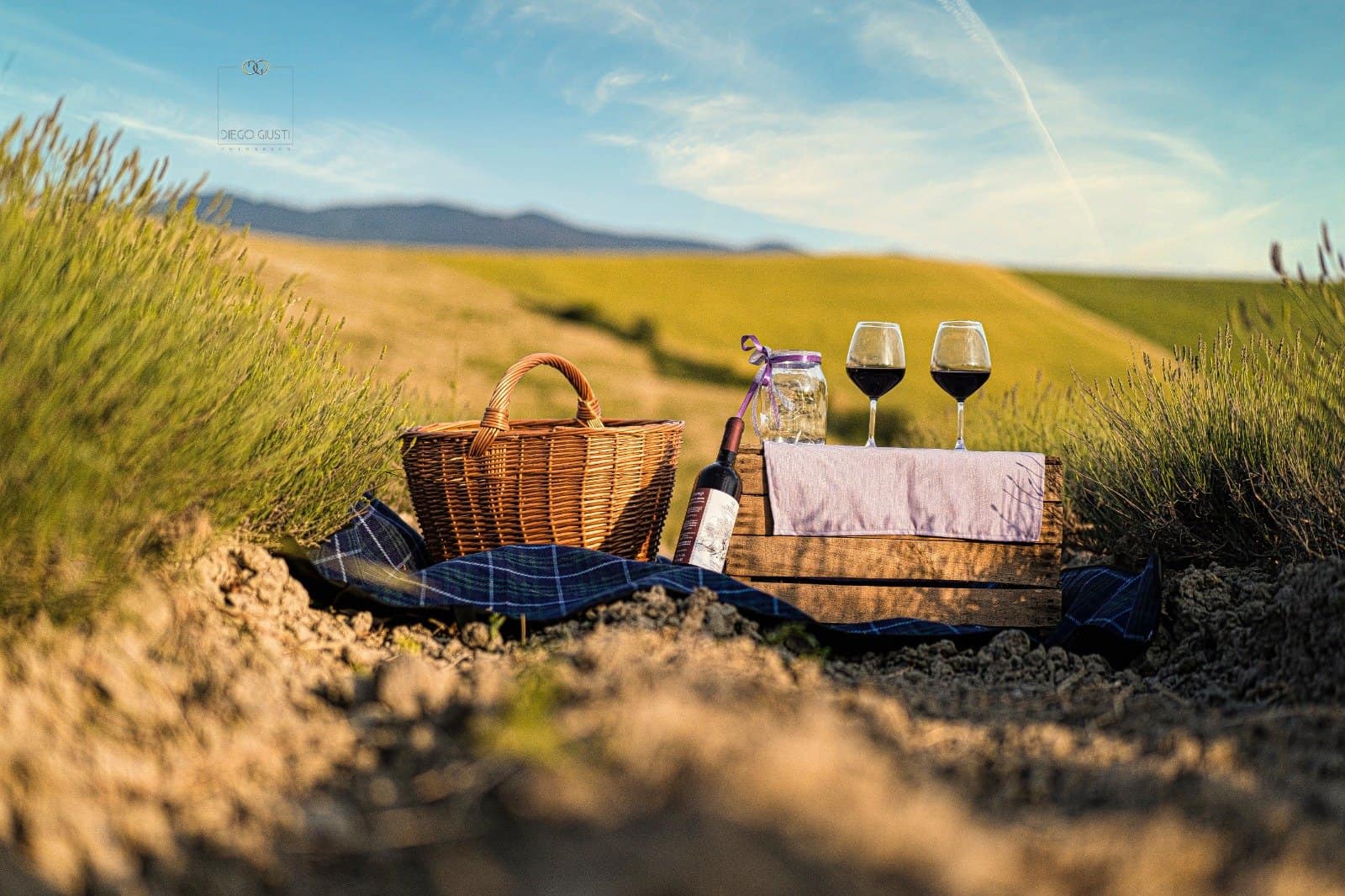 Cestino da picnic in vimini, coperta a quadri, bottiglia di vino rosso e due calici pieni, posizionati sul terreno tra i cespugli di lavanda al Podere Mandriato.