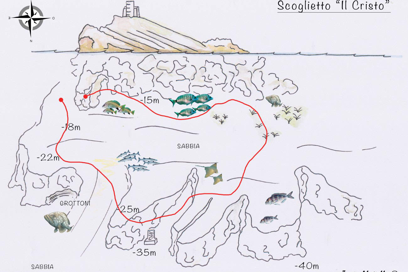 Mappa dell'immersione allo Scoglietto "Il Cristo" con percorso, profondità e fauna marina