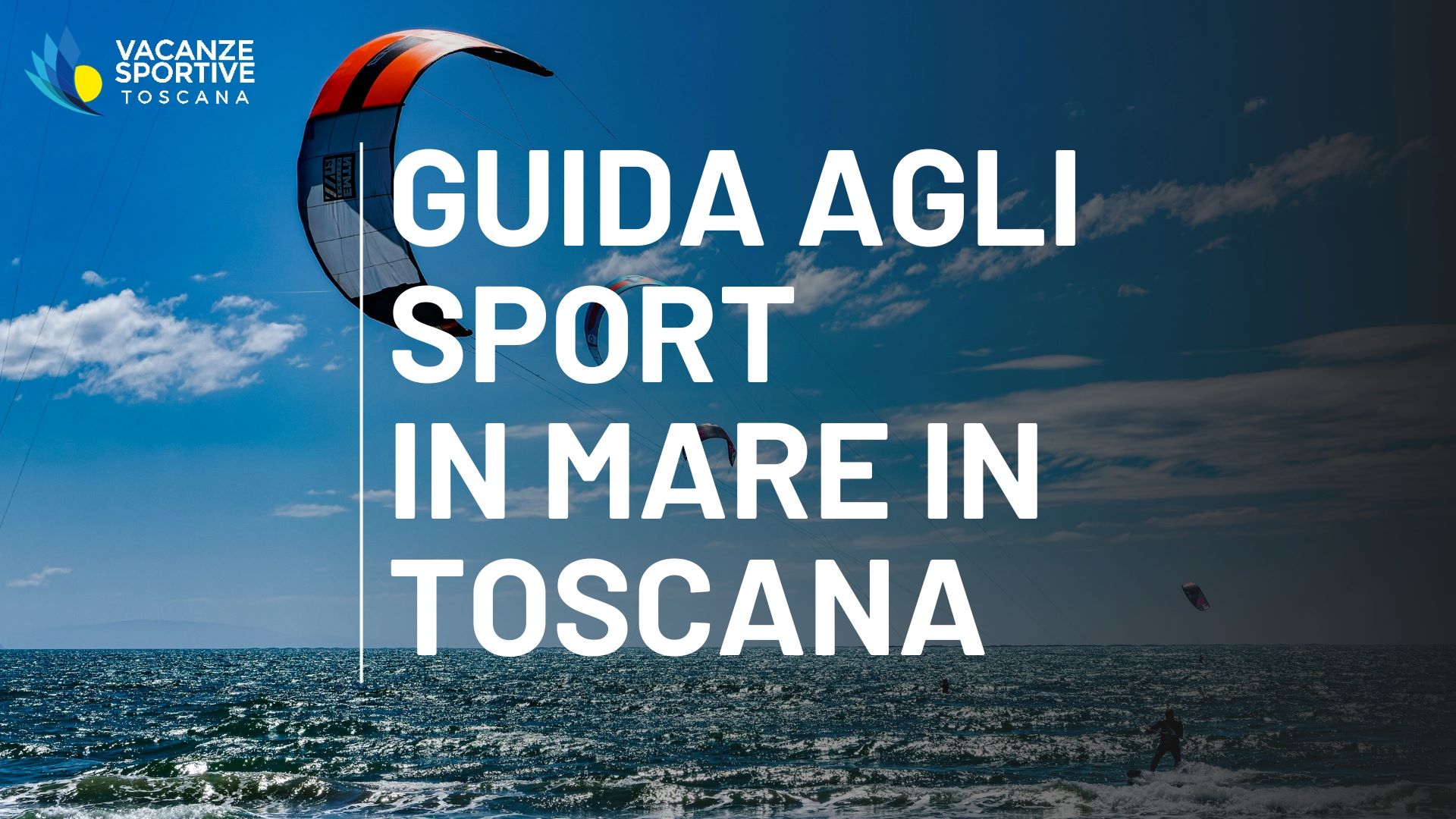 Kitesurf in azione in mare aperto in Toscana con vele colorate e cielo azzurro, ideale per sport di vento.