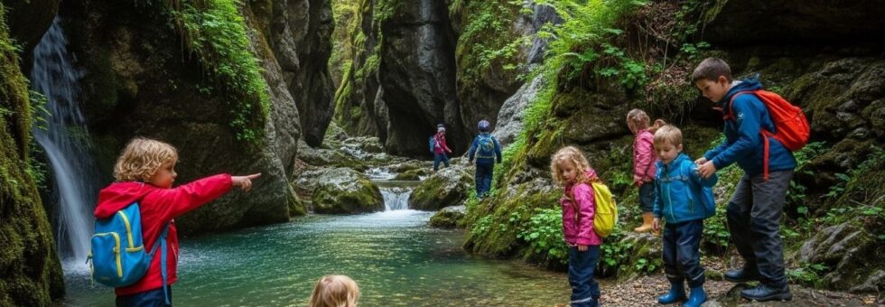 Gruppo di bambini esplora il torrente Battiferro durante il river trekking nel canyon a Fornovolasco.