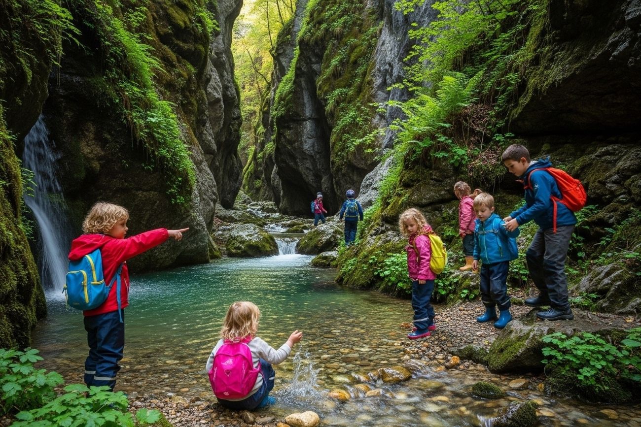 Gruppo di bambini esplora il torrente Battiferro durante il river trekking nel canyon a Fornovolasco.