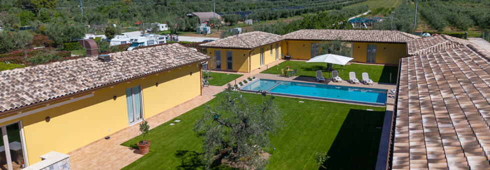 Veduta aerea dell'azienda agricola Agricoccinella a Riotorto: in primo piano il cortile dell'agriturismo con piscina, sullo sfondo l'area agricampeggio tra gli ulivi della Maremma.